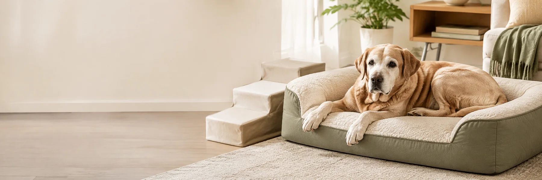 Senior dog relaxing beside pet steps on a supportive bed