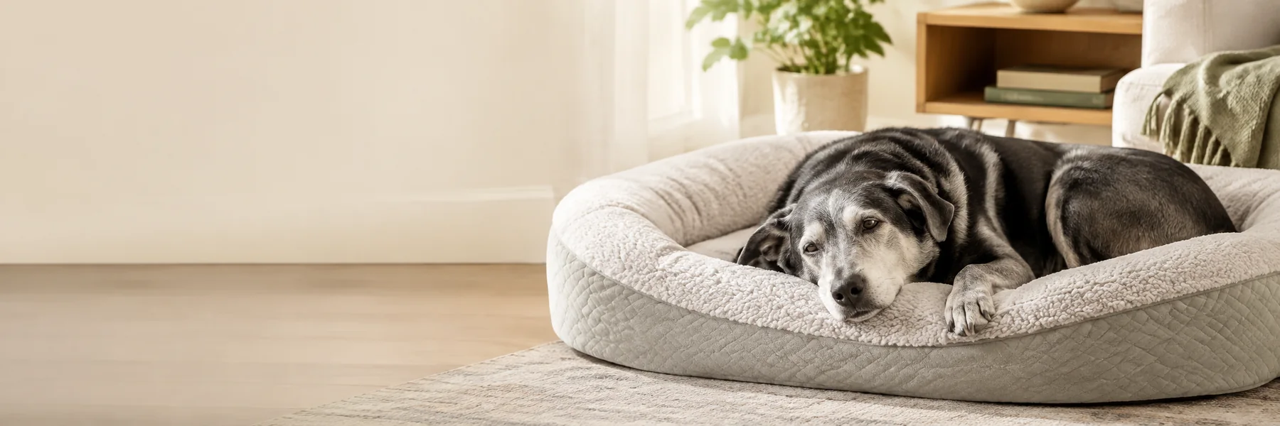 Senior dog resting comfortably on an orthopedic bed in a warm home