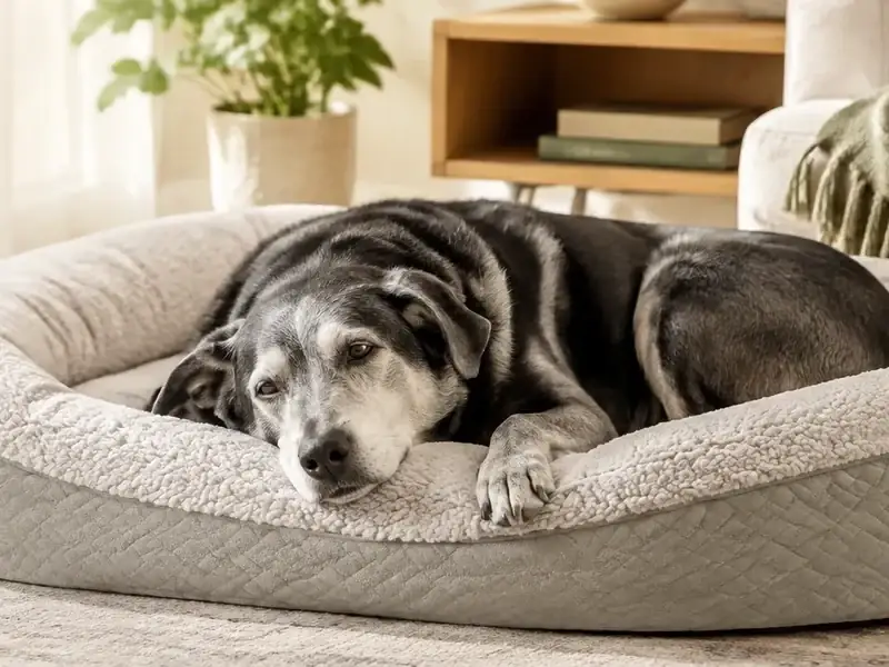 Senior dog resting comfortably in a supportive bed beside a calm home setting