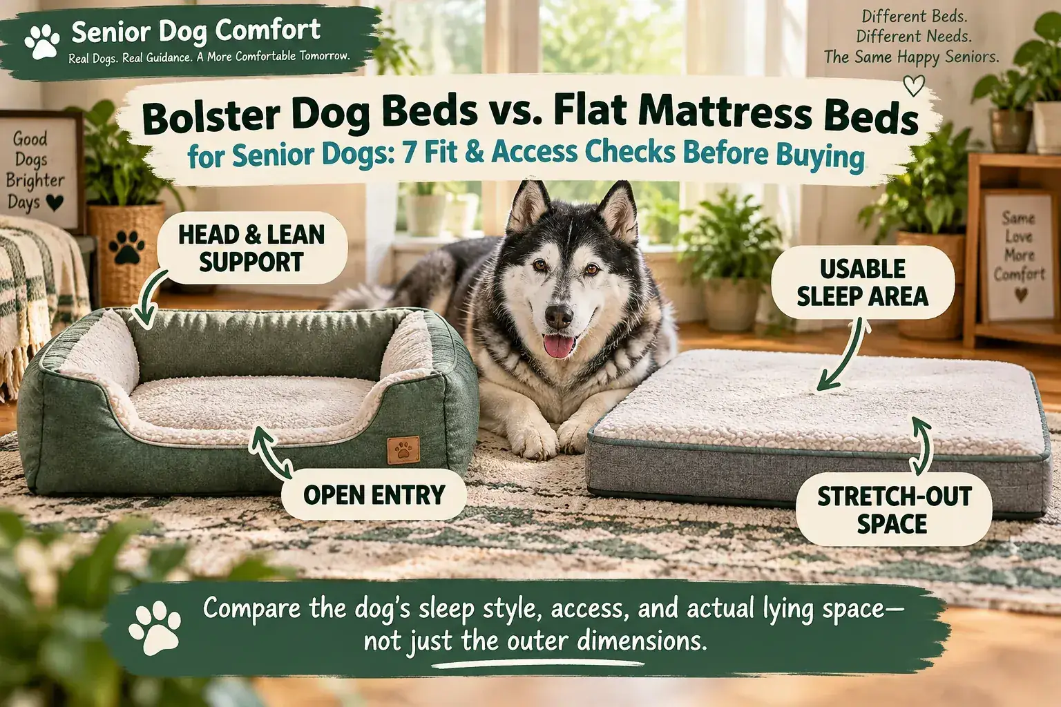 Senior black-and-white husky between an open-front bolster dog bed and a flat mattress bed with fit and access callouts