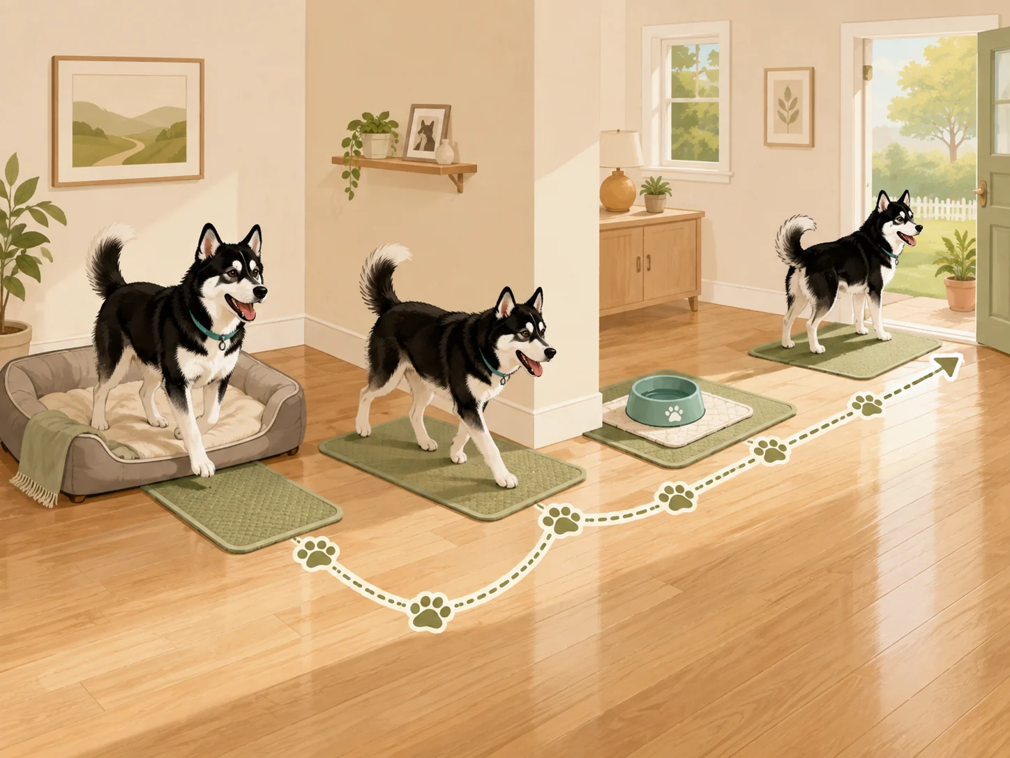 Cooper moving across secure traction mats on a hardwood route, illustrating how paw contact and flooring work together