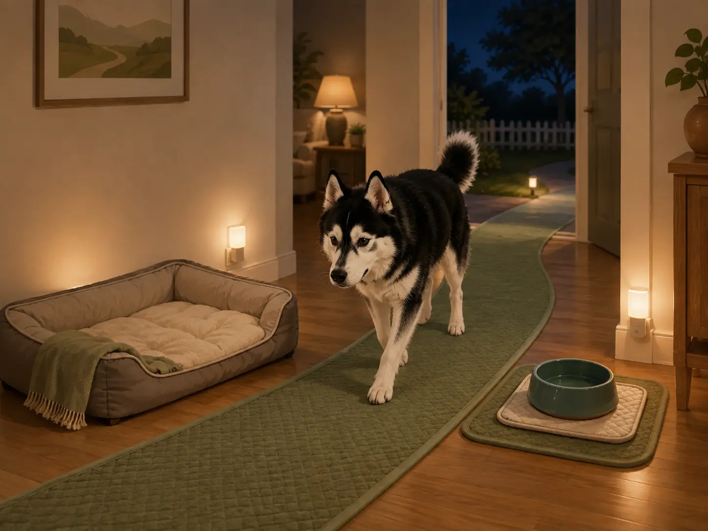 Cooper following a softly lit nonslip nighttime route between his bed, water, and doorway