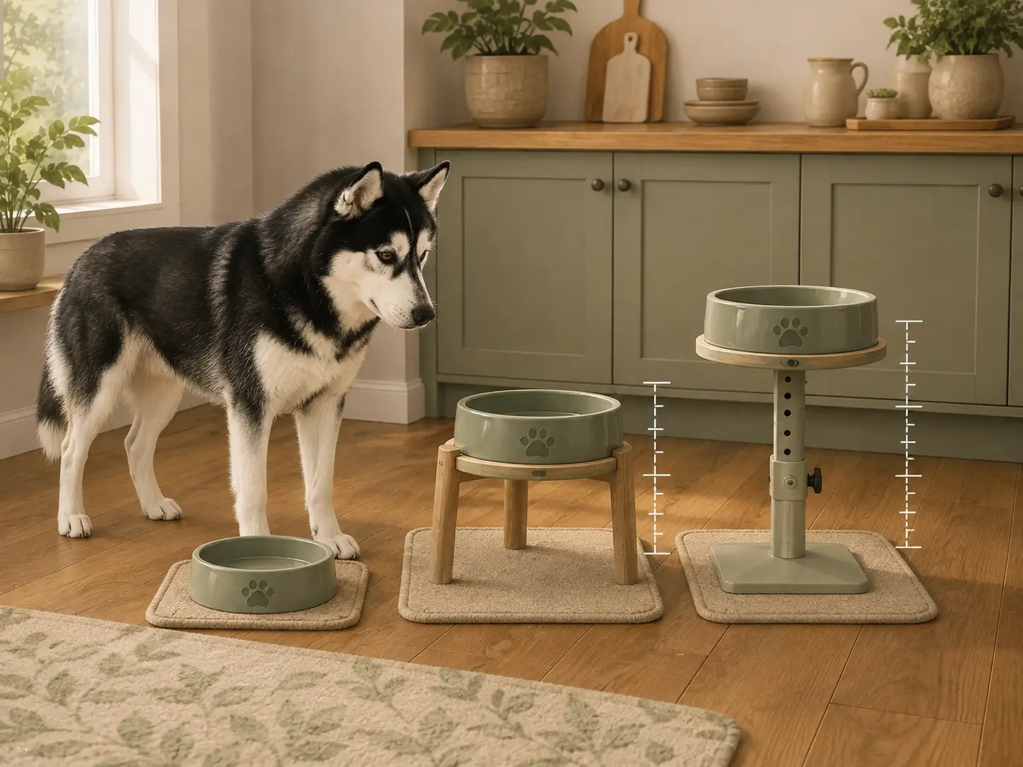 Cooper comparing stable dog bowls positioned at floor, modest, and higher levels