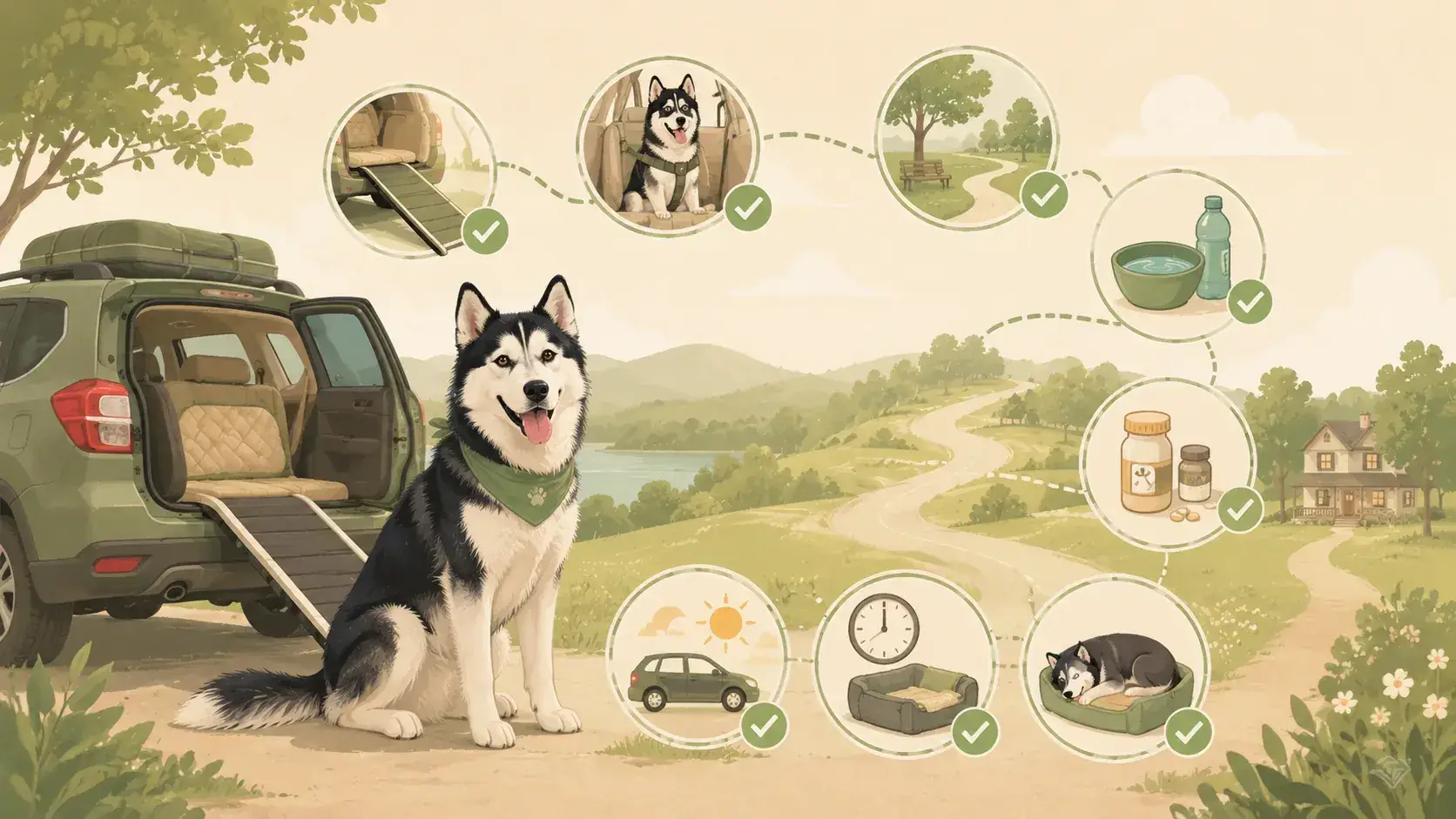 Illustrated senior-dog road-trip checklist showing Cooper, a vehicle, a travel route, and practical stop icons