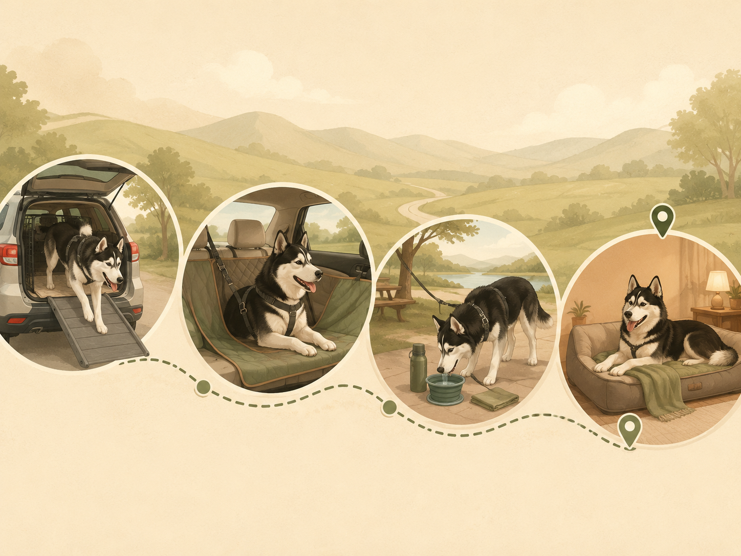 Illustrated relay-style senior-dog road-trip analogy showing Cooper moving from vehicle entry to secure riding, planned breaks, and destination rest