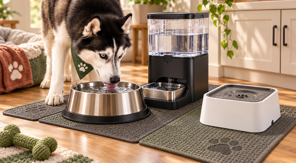 Cooper drinking water beside automatic and no-spill water options on broad non-slip mats