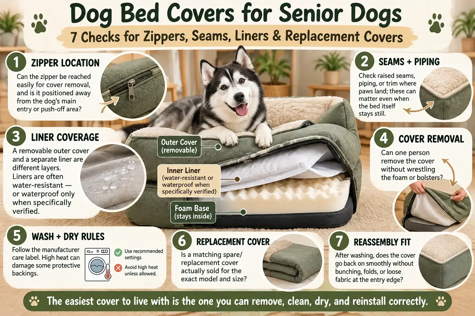 Seven dog-bed cover checks showing zipper placement, seams, liner coverage, cover removal, wash and dry rules, replacement-cover availability, and reassembly fit