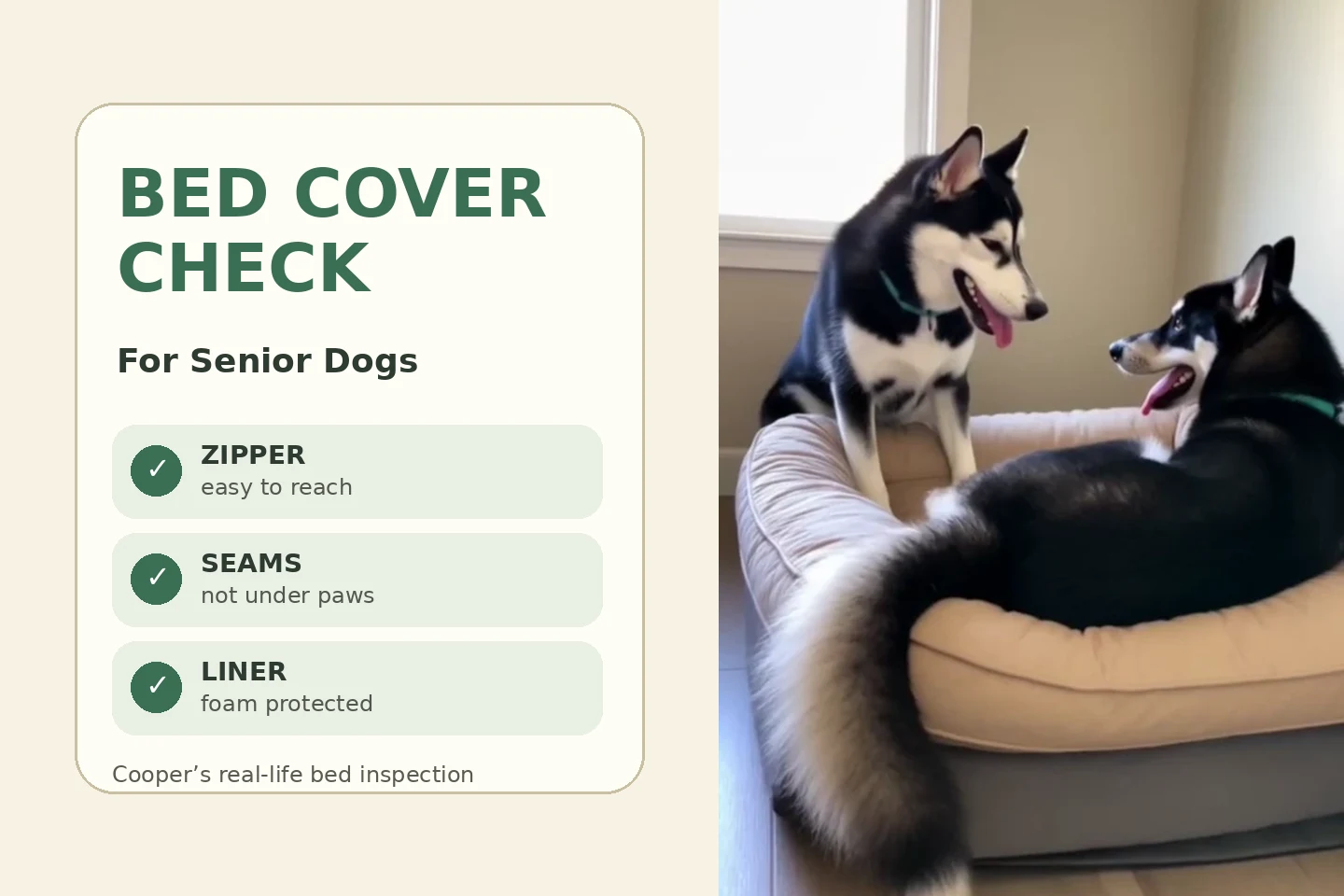 Cooper inspecting a dog bed beside a simple zipper, seam, and liner checklist