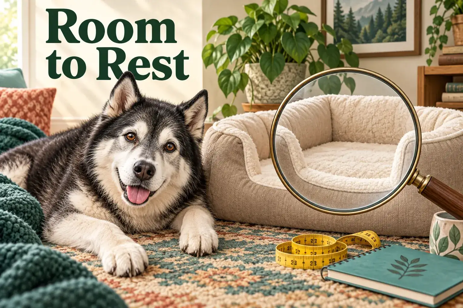 Room to Rest: a senior husky beside a bolster bed, measuring tape and magnifying glass
