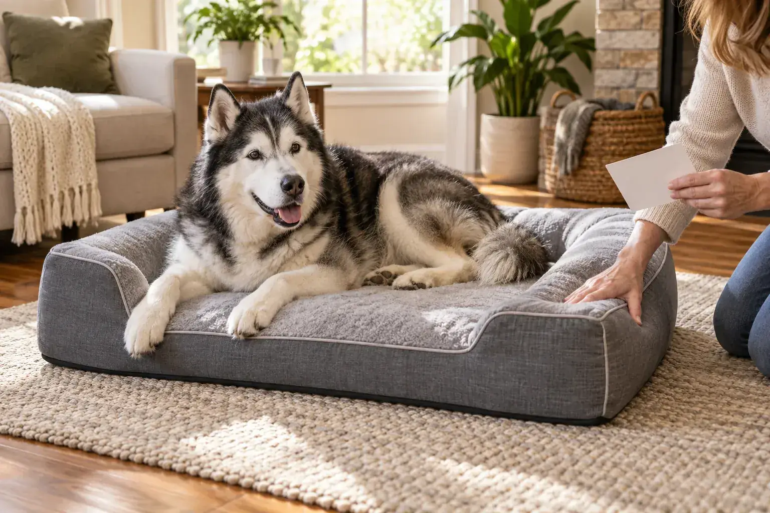 Older black-and-white husky resting on a low-entry orthopedic bed while an owner checks the bed edge and a blank product specification card