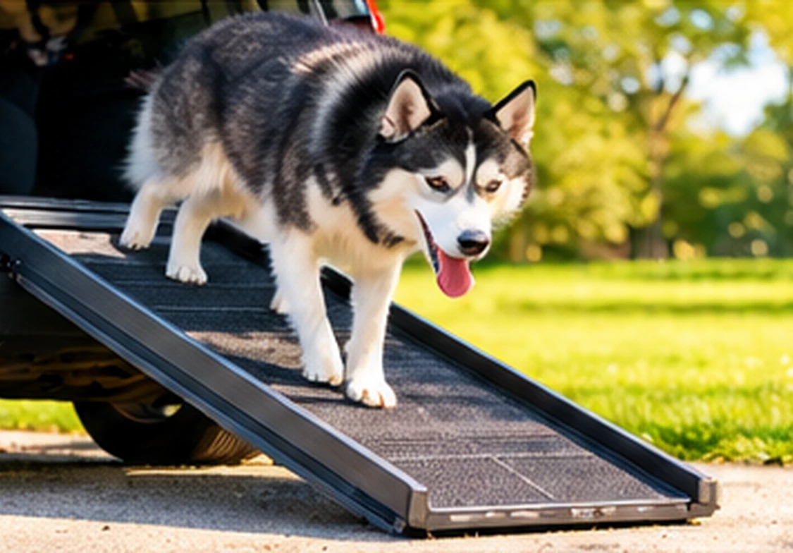 Cooper carefully using a textured vehicle ramp from the rear of an SUV outdoors.