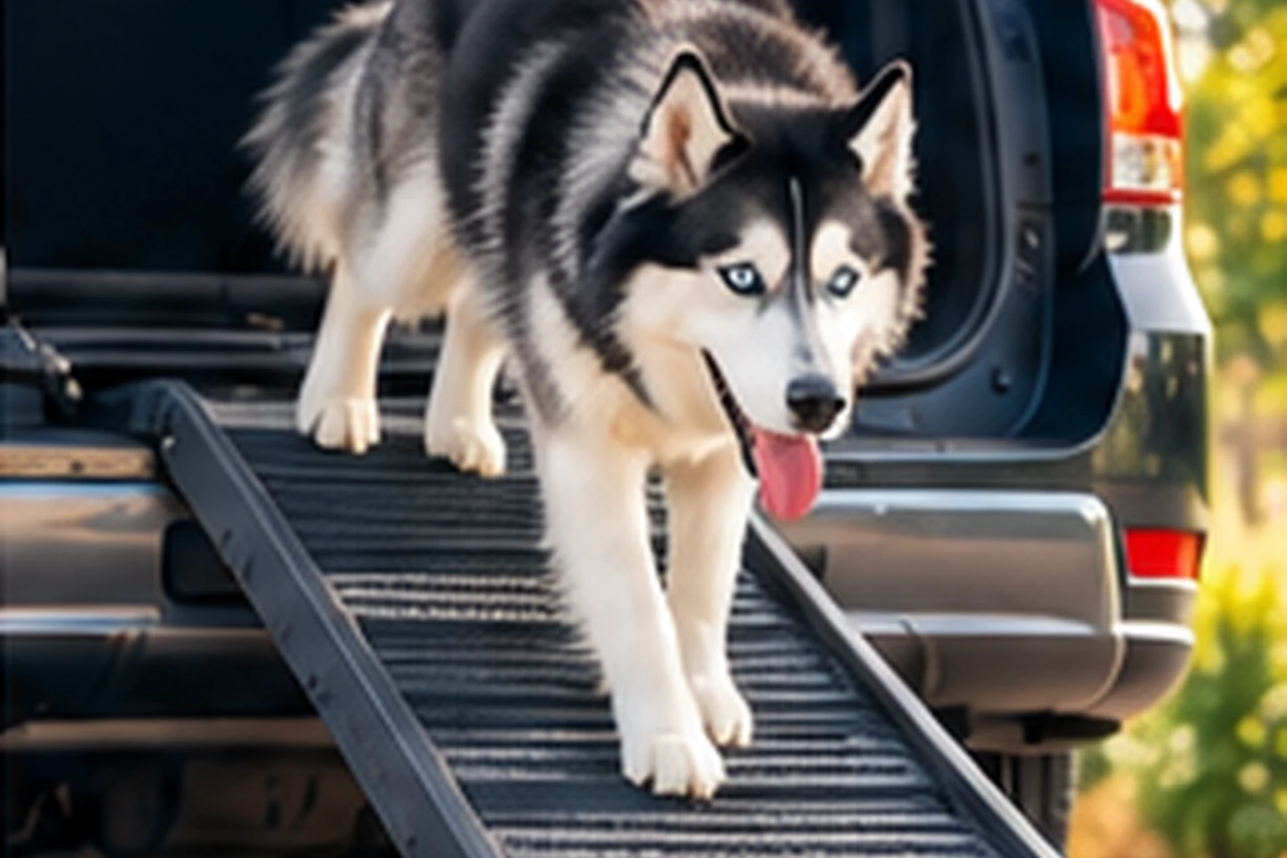 Cooper, a black-and-white Siberian Husky, carefully walking down a textured ramp from an open vehicle.