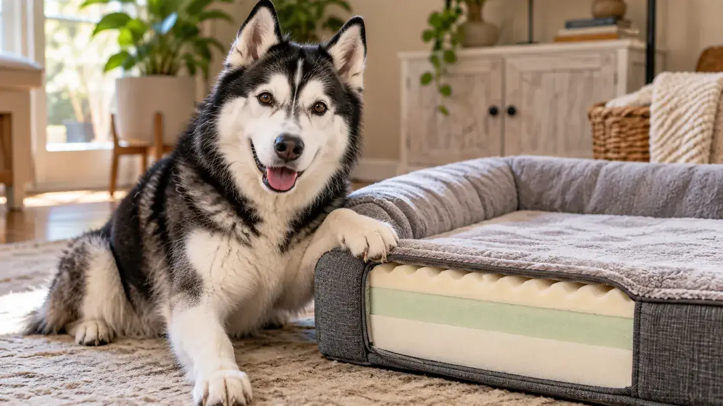 Black-and-white Husky beside a layered orthopedic dog bed showing different foam layers