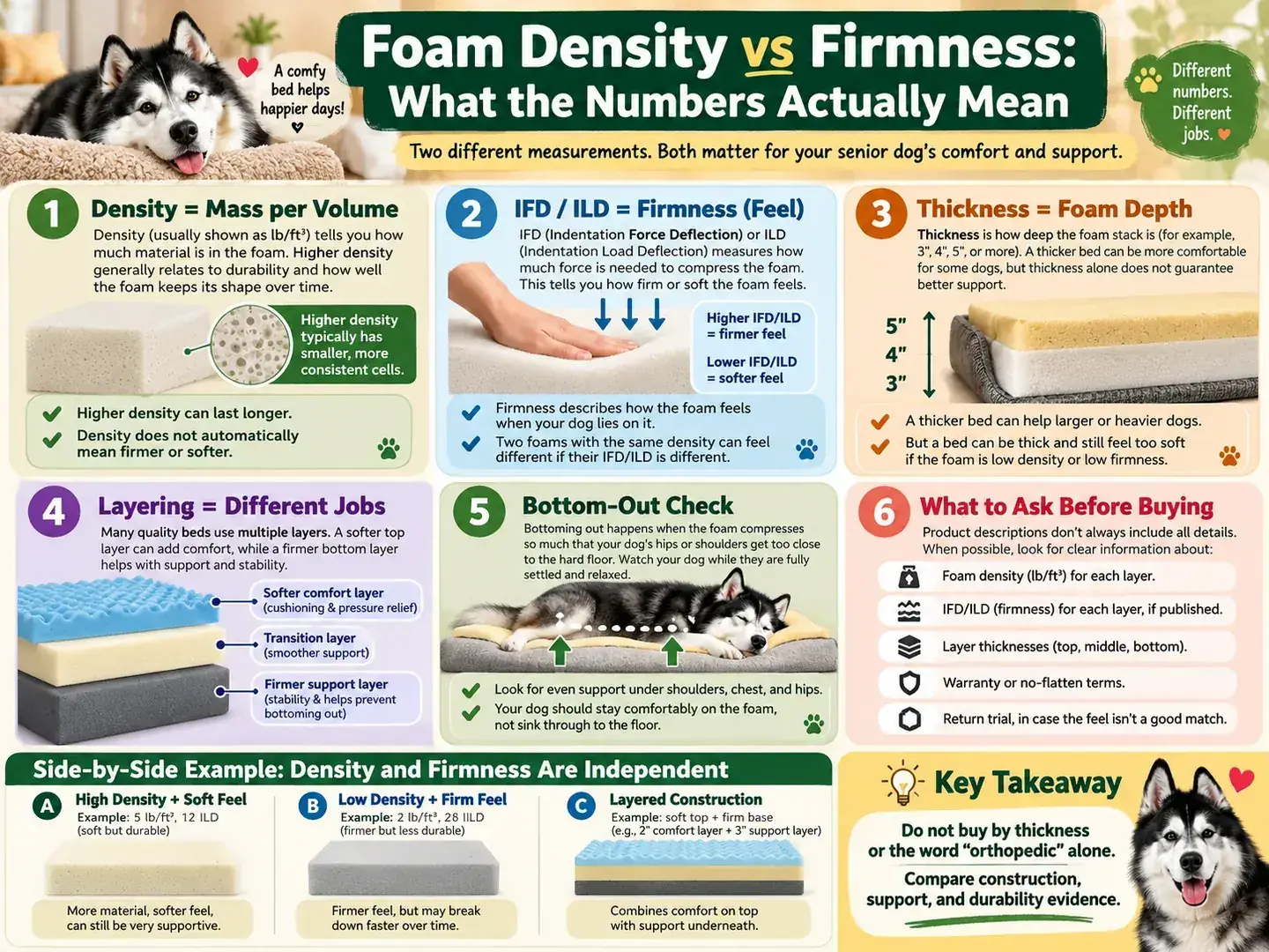 Foam density versus firmness infographic explaining density, IFD or ILD, thickness, layering, bottom-out checks, and questions to ask before buying a senior dog bed