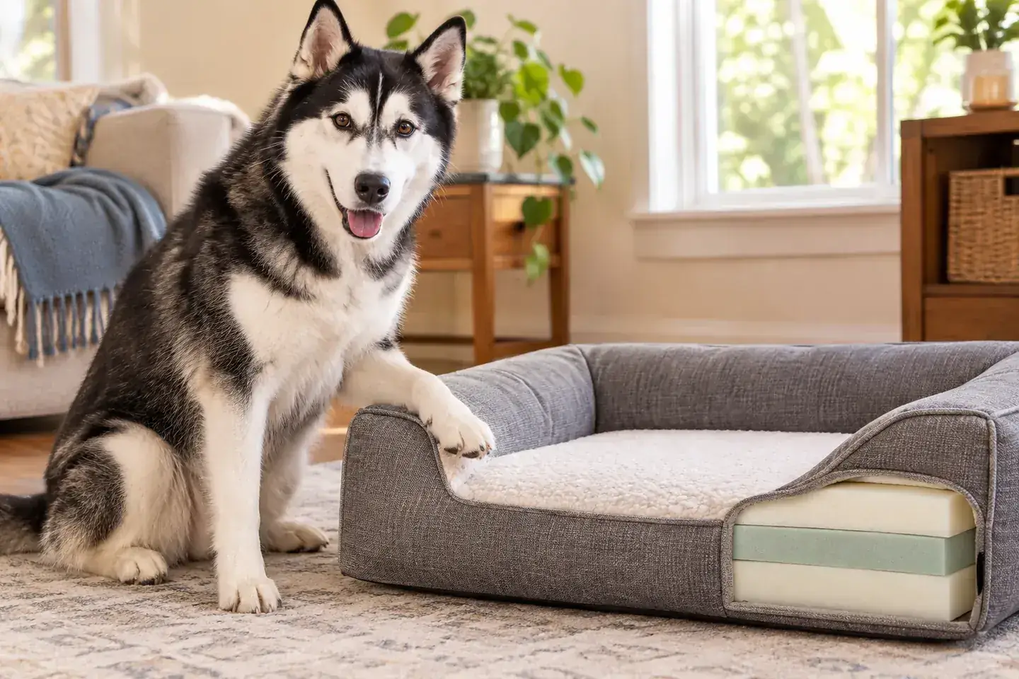 Black-and-white Husky beside a low-entry orthopedic bed with three visible foam layers