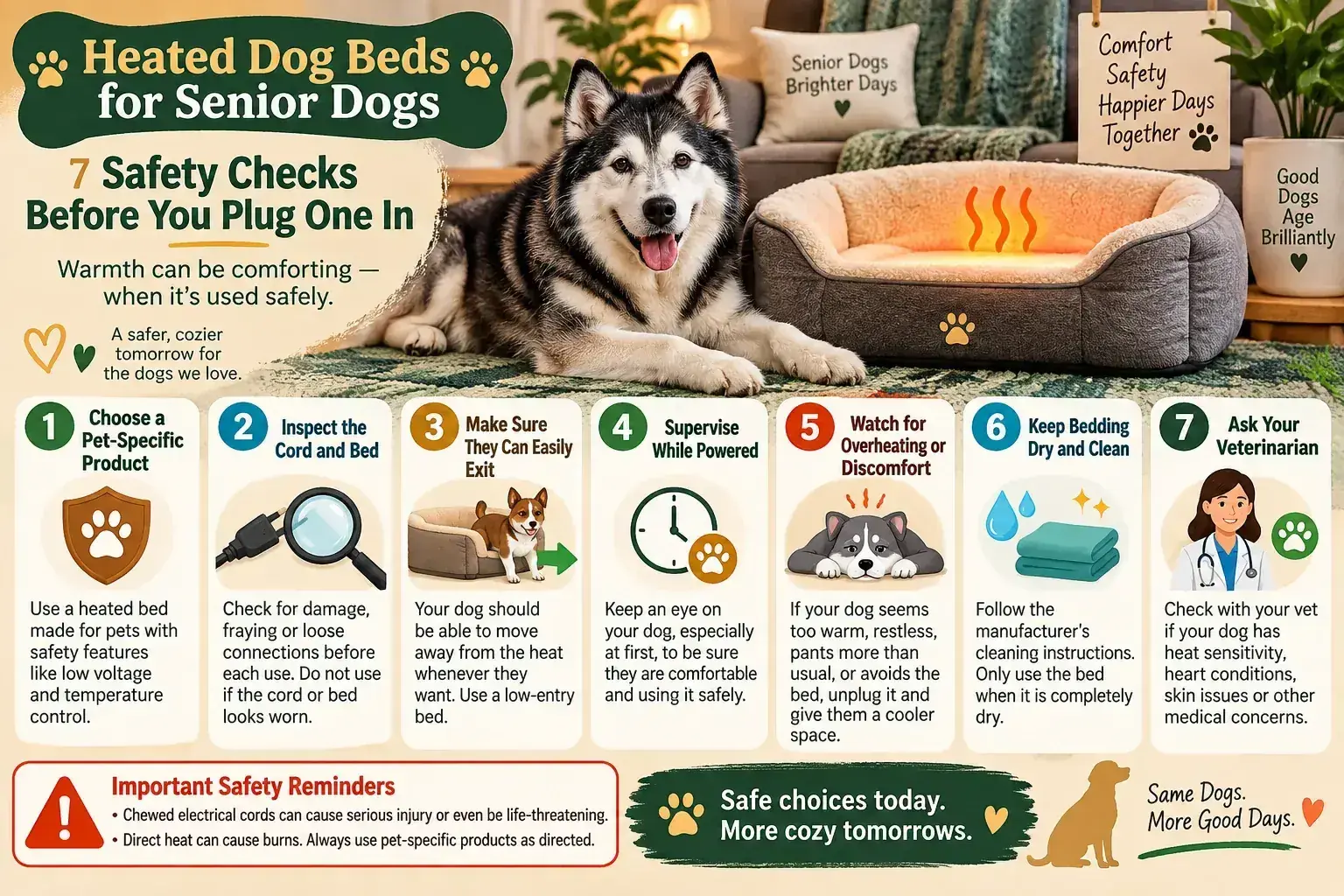 Seven heated dog bed safety checks for senior dogs, including pet-specific design, cord inspection, easy exit, supervision, heat tolerance, dry bedding, and veterinary guidance