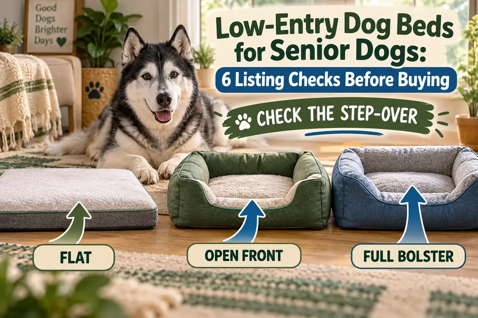 Senior black-and-white husky behind flat, open-front and full-bolster dog beds for a low-entry comparison
