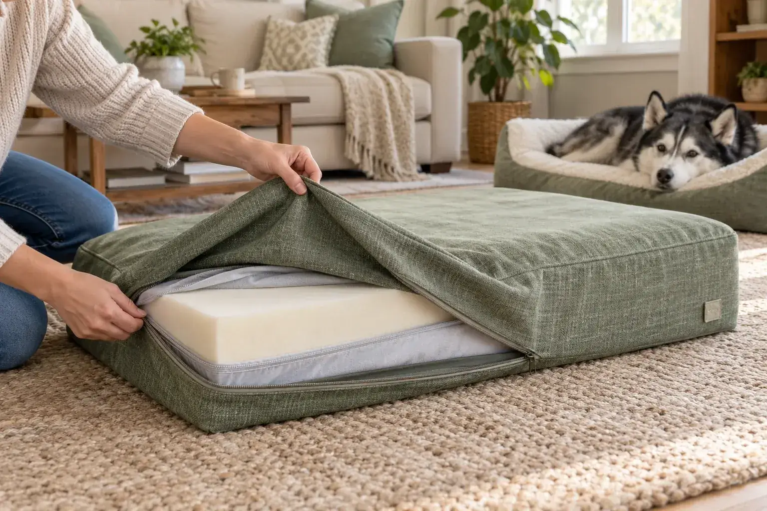 AI-generated demonstration of an owner lifting a removable bed cover to reveal a separate liner and dry foam core, with a senior husky resting nearby