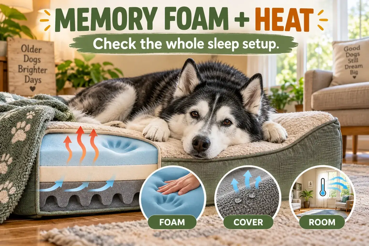 Senior black-and-white husky resting on a layered memory-foam bed with airflow, cover and room callouts