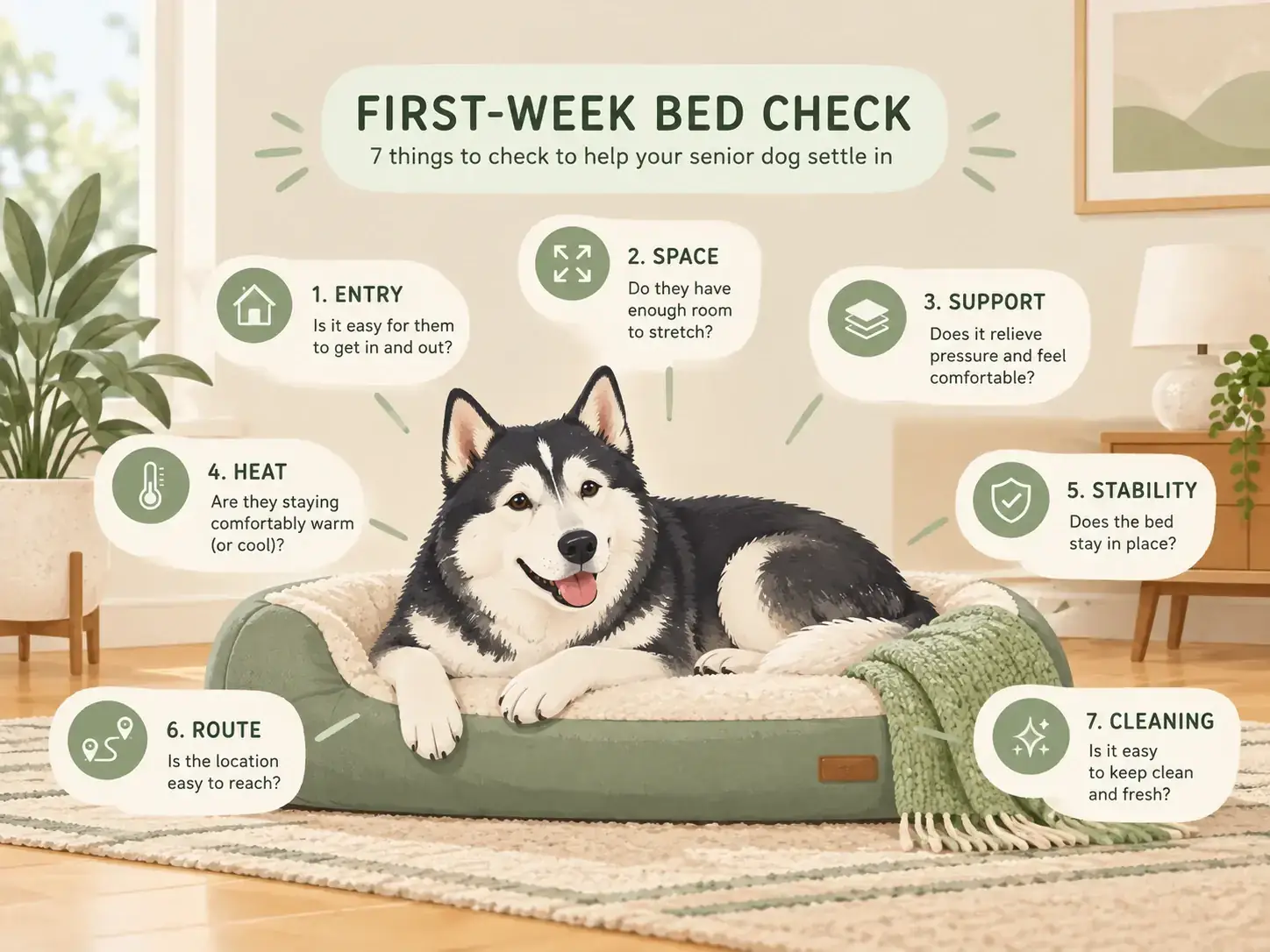 First-week senior dog bed check infographic showing entry, space, support, heat, stability, route, and cleaning around a senior Husky on a supportive bed