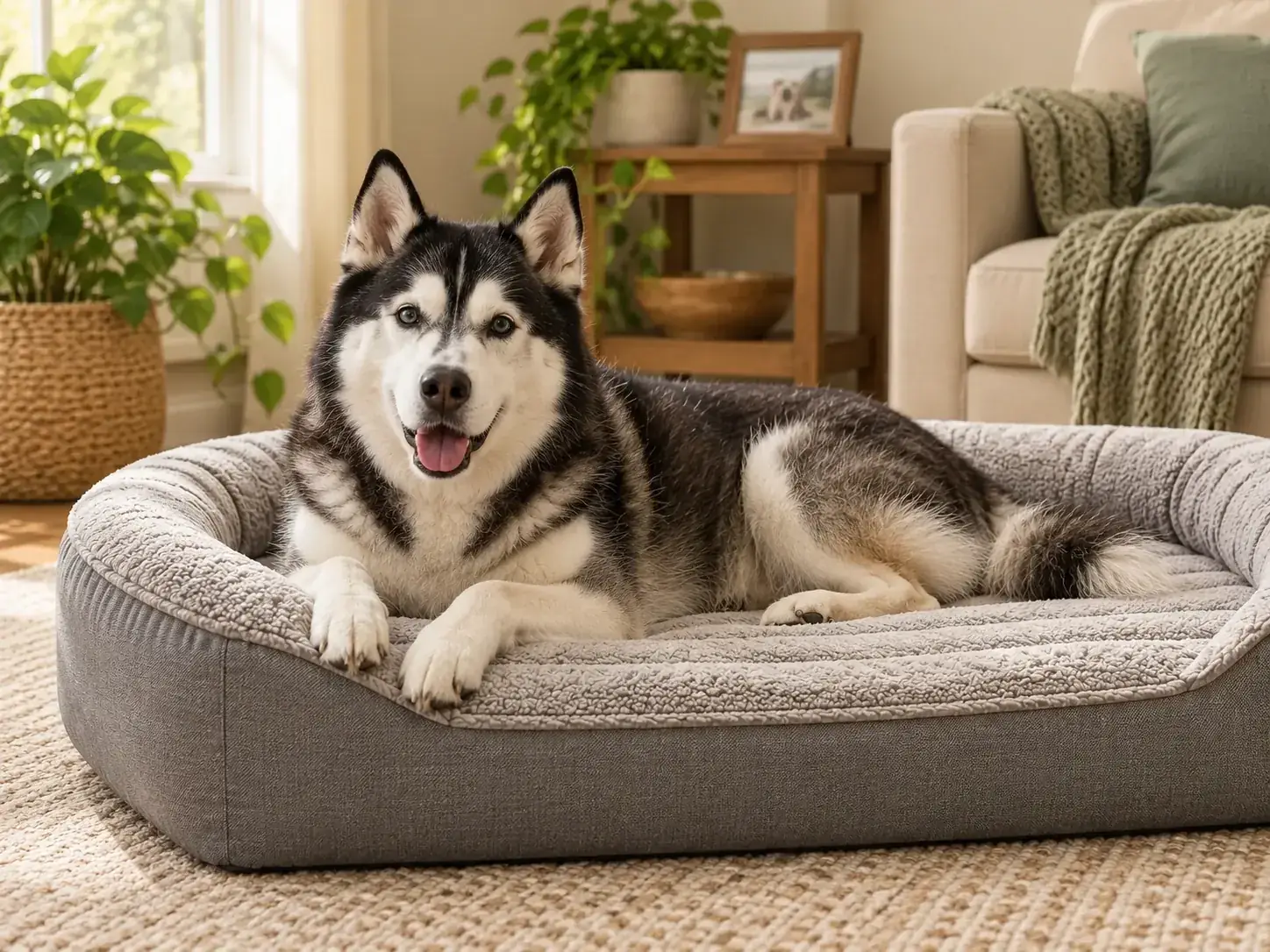 Black-and-white senior Husky resting comfortably in a supportive orthopedic dog bed