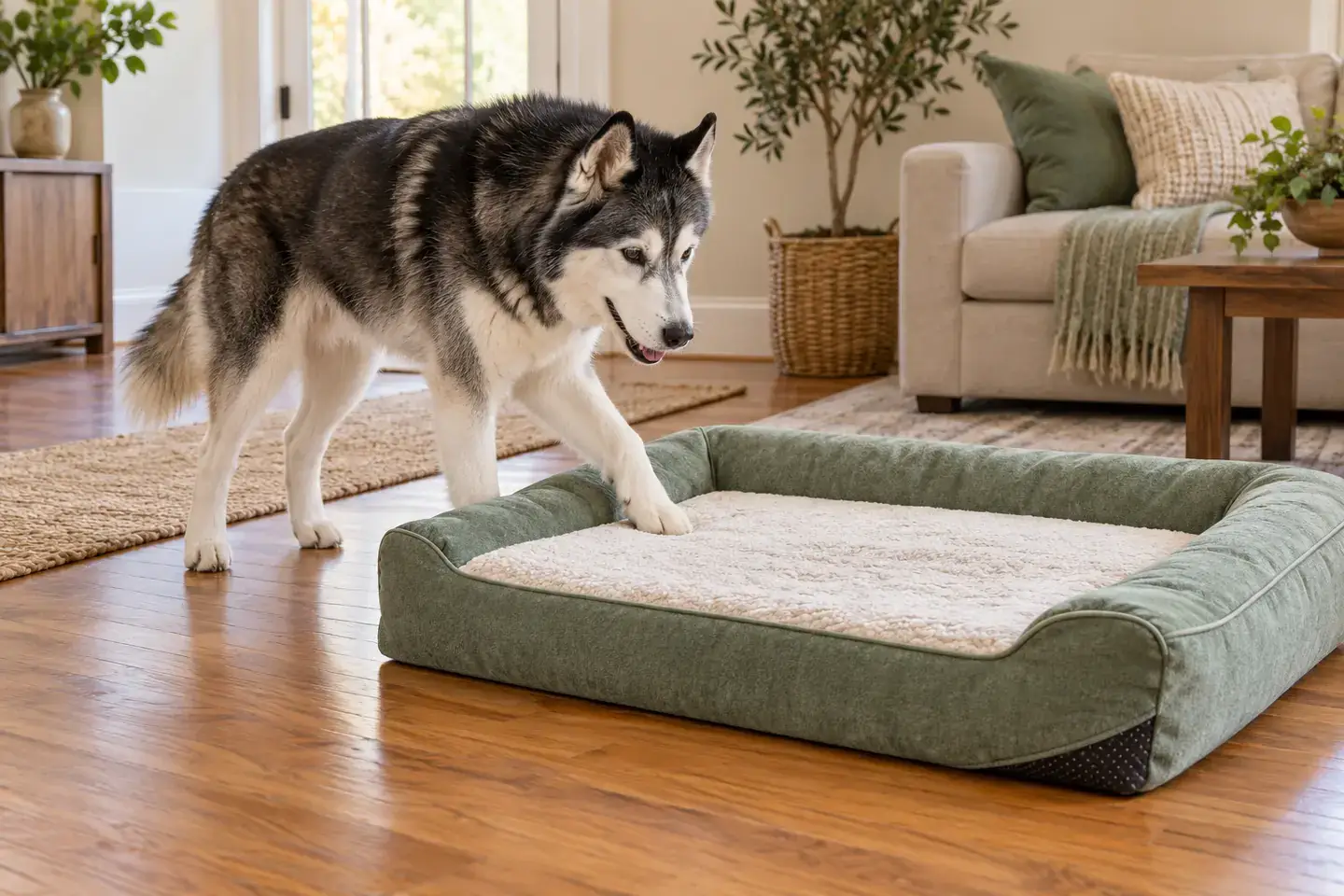 Senior black-and-white husky stepping onto a low-profile orthopedic dog bed on hardwood while the full bed-floor contact area remains visible
