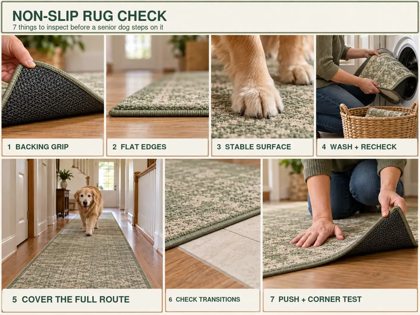 Seven-part visual checklist showing backing grip, flat edges, stable surface, washing and rechecking, full-route coverage, transitions, and a push-and-corner stability test