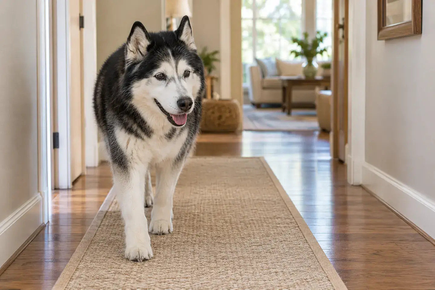 Senior black-and-white Husky walking on a low-profile hallway runner