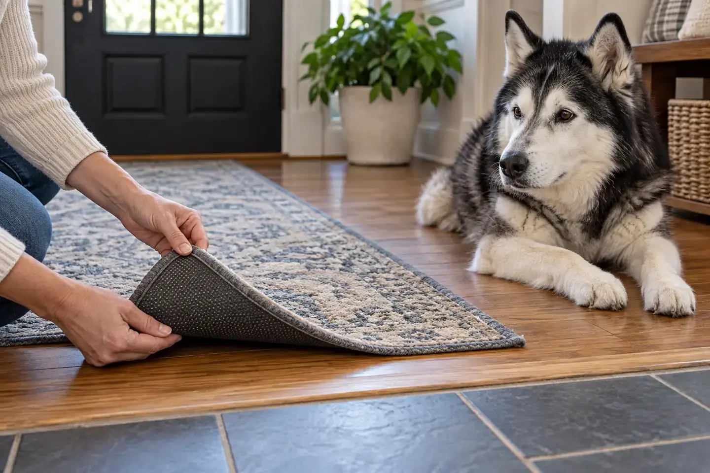 A senior black-and-white Husky beside an owner checking the backing and flat edge of a low-profile runner