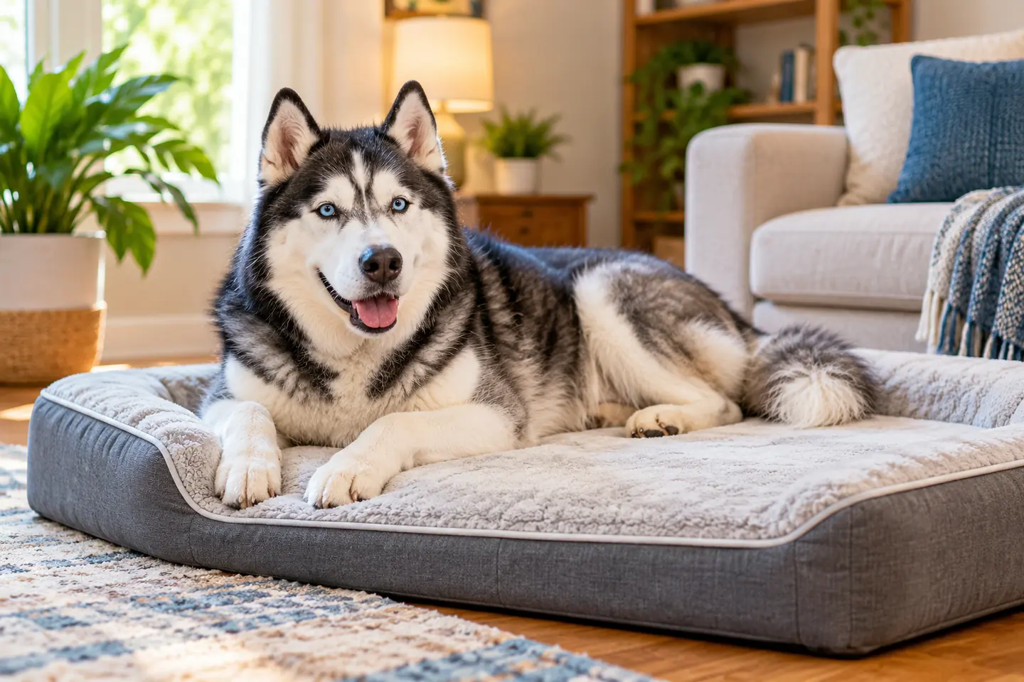 Black-and-white Siberian Husky resting on a plush orthopedic dog bed in a bright living room