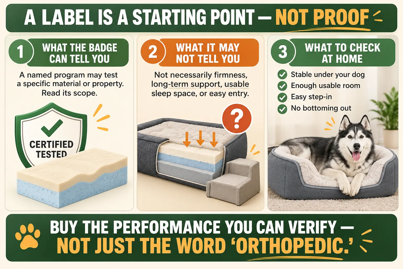 Infographic comparing what a certification badge may verify, what it may not prove about support, and what to check at home for a senior dog bed