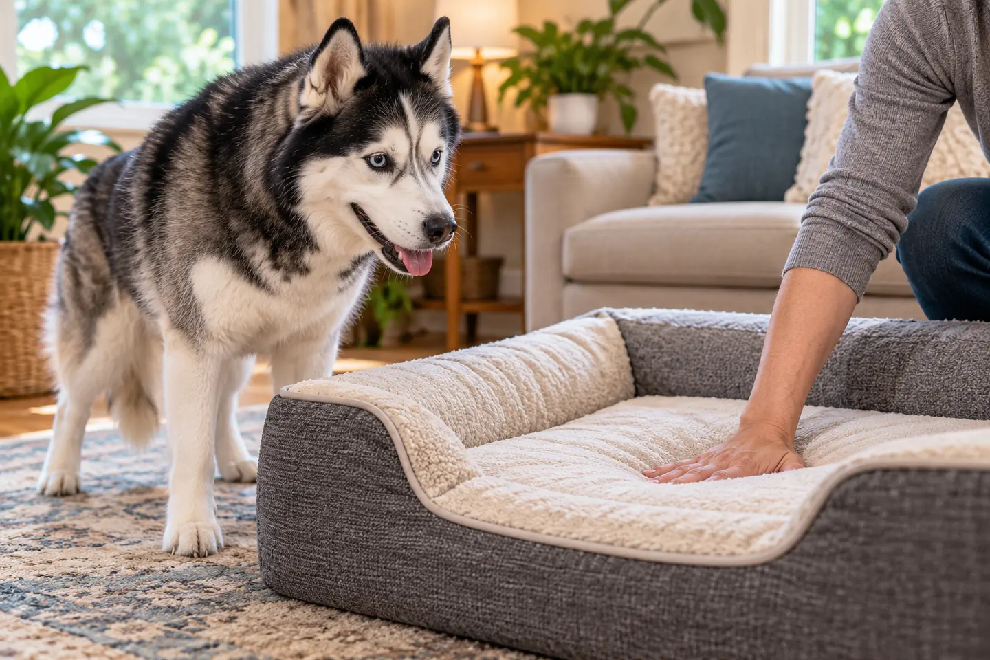 Black-and-white Siberian Husky watches an owner check the cushioning of a plush orthopedic dog bed