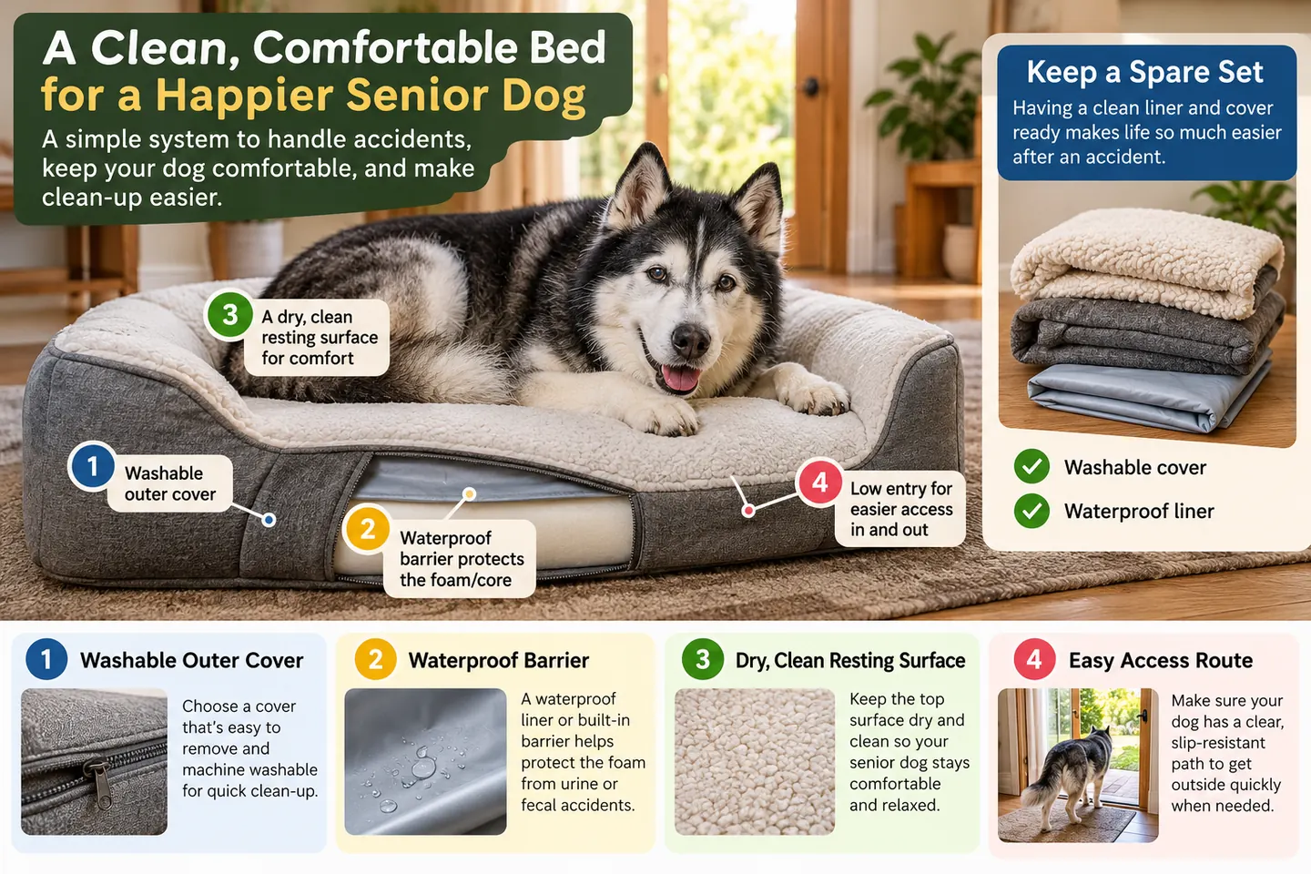 Infographic showing a senior dog bed with a washable cover, waterproof barrier, dry resting surface, easy access route, and spare bedding
