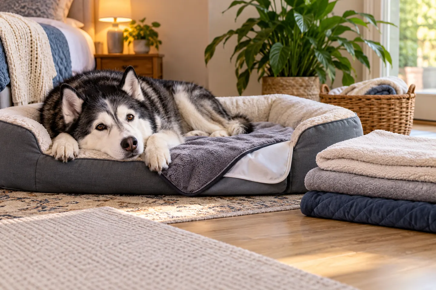 Senior Husky resting comfortably on an orthopedic bed with washable and protective bedding layers