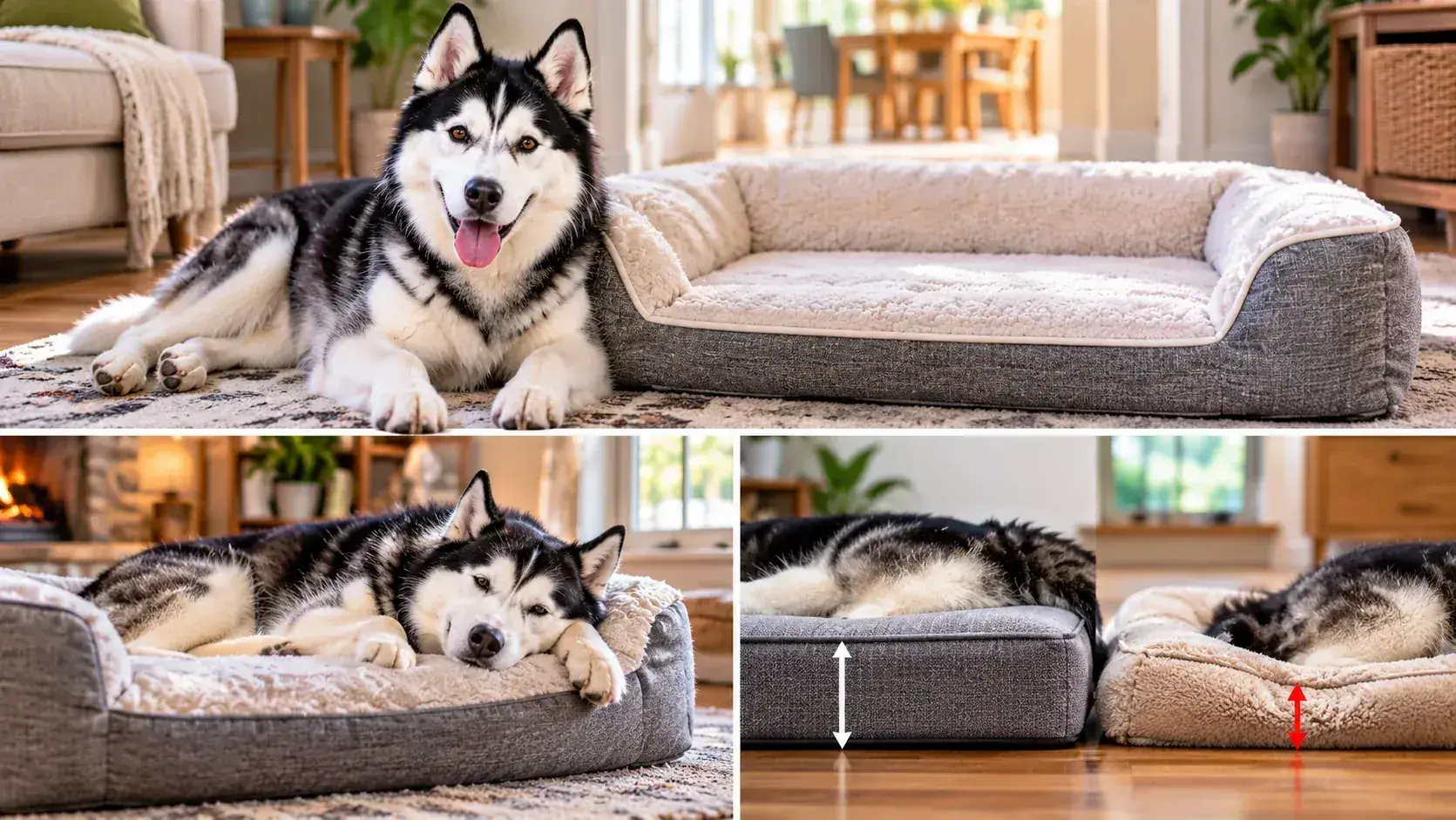 Black-and-white Husky relaxing beside a thick orthopedic dog bed in a warm home