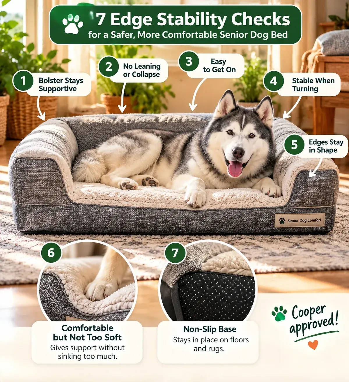 Seven edge-stability checks for a senior dog bed, with Cooper-style Husky imagery showing bolster support, no leaning or collapse, easy access, stable turning, edge shape, comfort, and a non-slip base