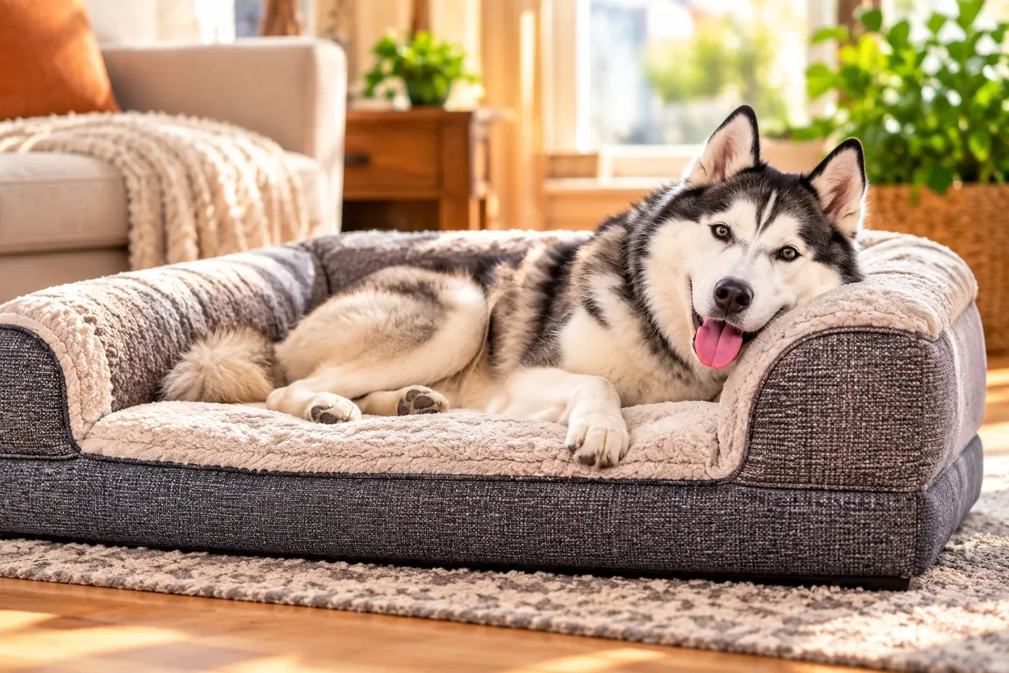 Husky resting against a stable orthopedic bed bolster, illustrating senior dog bed edge stability
