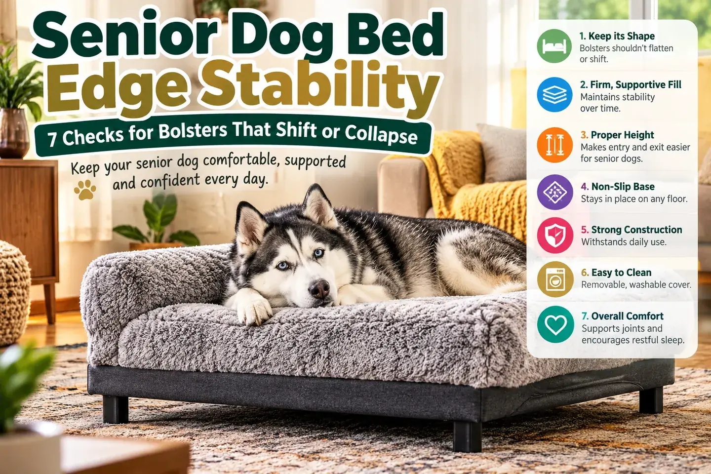 Senior Husky resting on a raised orthopedic dog bed with stable bolsters, illustrating seven edge-stability checks
