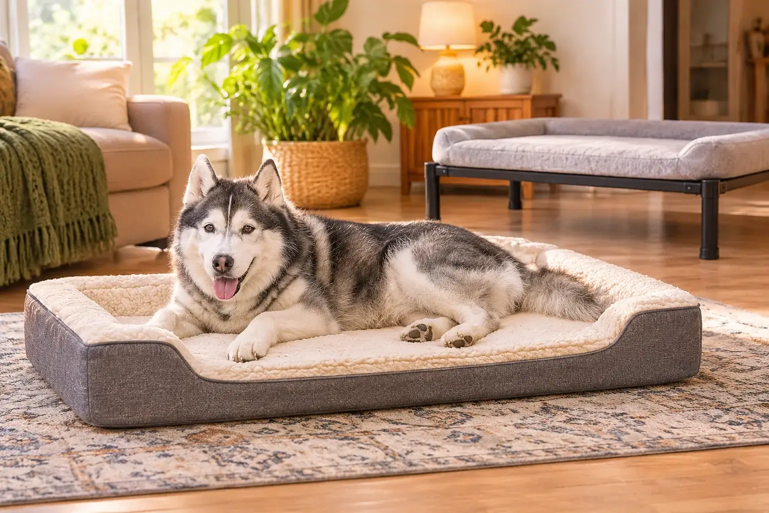 Older Husky resting on a low orthopedic bed while a raised platform bed sits nearby for comparison