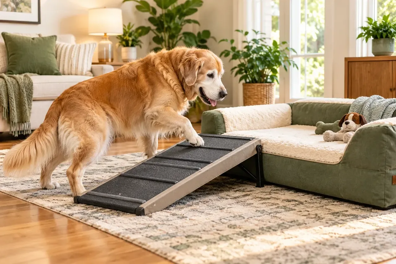 Senior golden retriever carefully using a stable ramp to reach a plush orthopedic bed in a bright living room