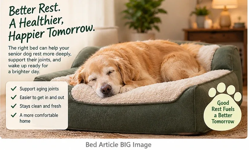 Senior dog resting on a supportive orthopedic bed with reminders for joint support, stable entry, cleanliness, and comfort