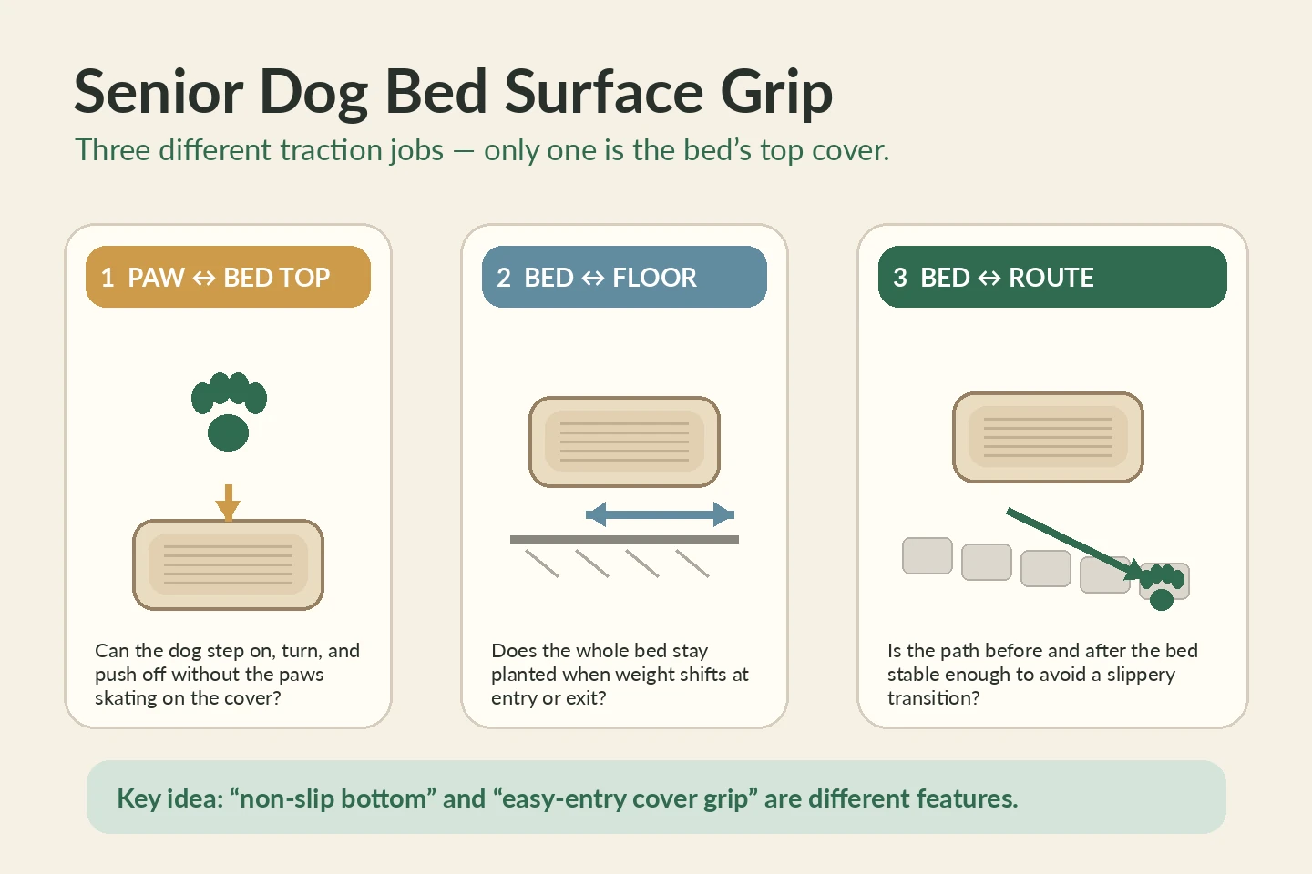 Infographic separating paw-to-bed-top grip, bed-to-floor grip, and the stable route around a senior dog bed