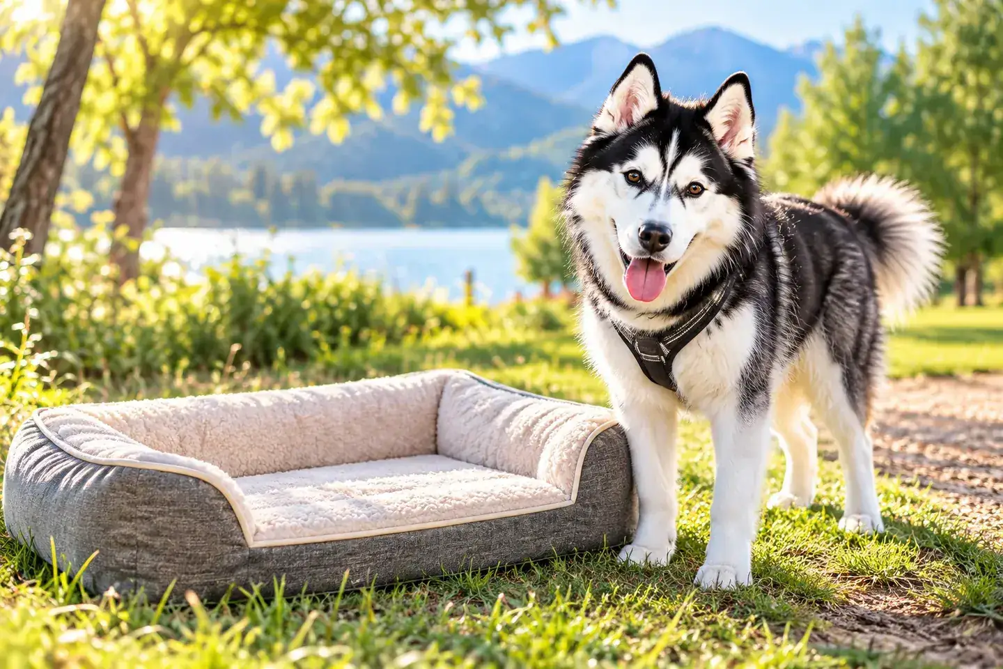 Black-and-white Husky standing beside a plush dog bed outdoors for a senior-dog comfort article