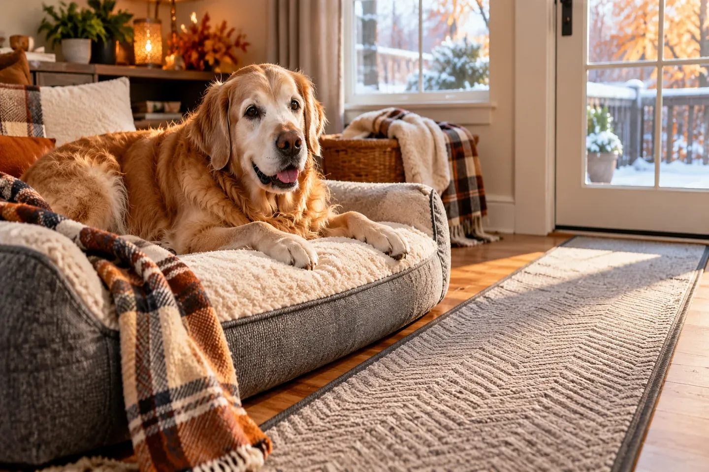 Senior golden retriever resting on a plush orthopedic bed in a warm autumn home