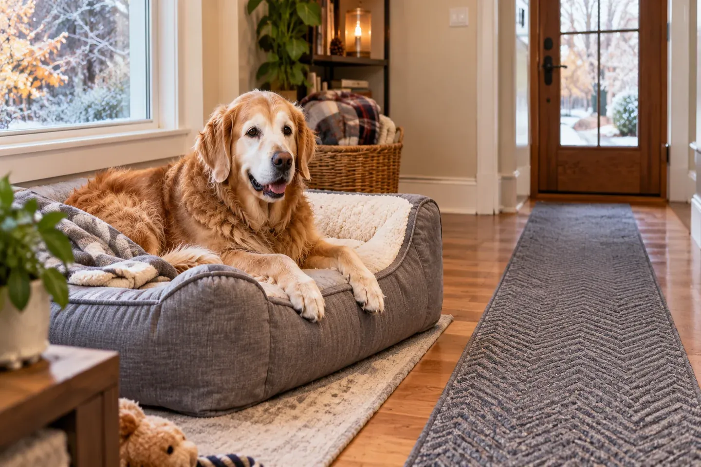 Senior golden retriever resting beside a clear, runner-covered route from an orthopedic bed toward a doorway