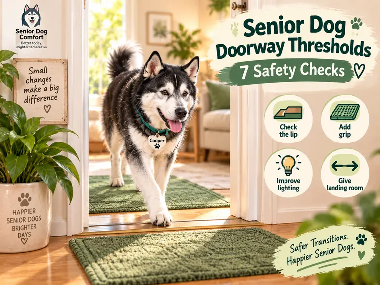 Senior black-and-white husky crossing a doorway with traction mats and key doorway-safety reminders