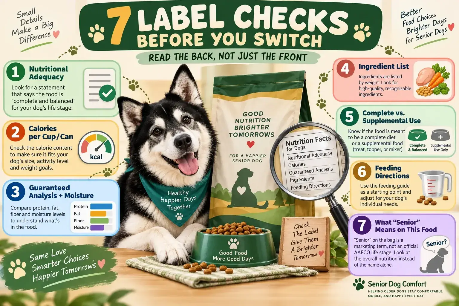 Senior dog food label checklist with seven items including nutritional adequacy, calories, guaranteed analysis, ingredients, intended use, feeding directions, and senior wording