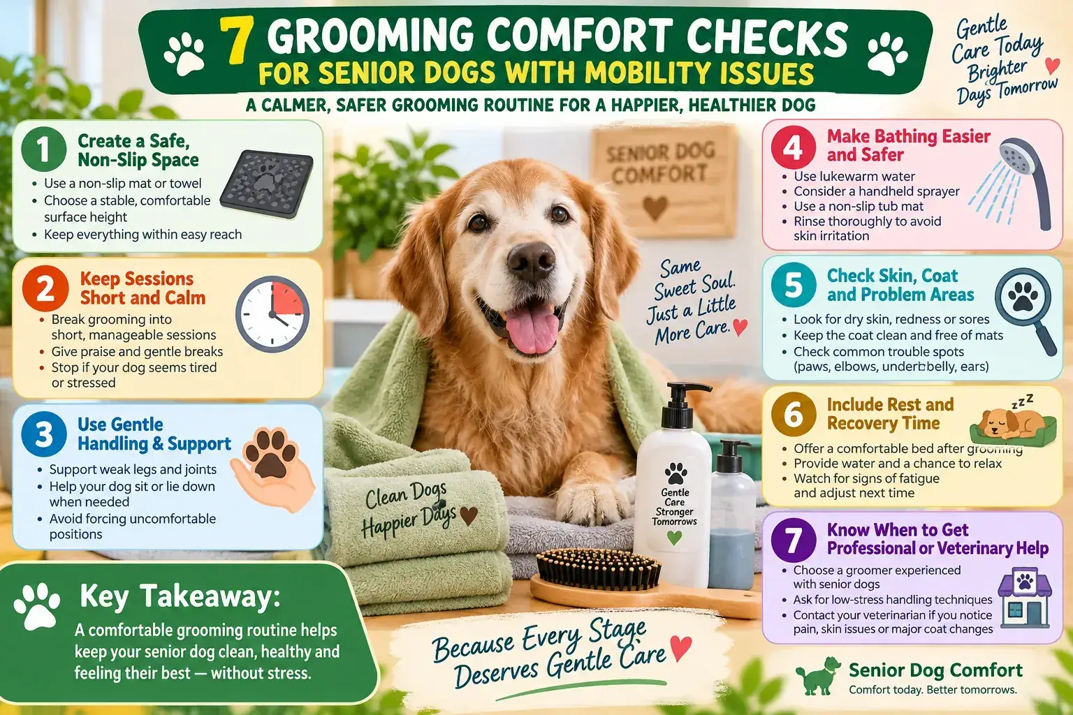 Seven grooming comfort checks for senior dogs with mobility issues, including secure footing, shorter sessions, gentle handling, safer bathing, skin checks, rest, and professional help