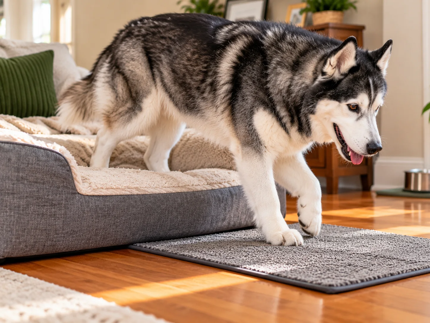 Senior dog cautiously stepping from a resting area toward a secure runner on hardwood