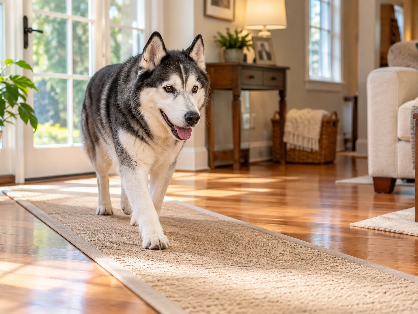 Black-and-white Siberian Husky walking along a secured runner across hardwood flooring